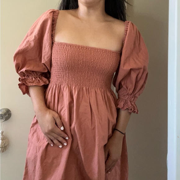 Kourt Portia Linen Flax Rust Burnt Orange Smocked Puff Sleeve Mini Dress Sz S - Picture 3 of 11